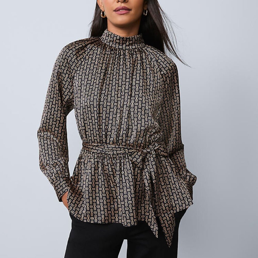 NWOT Womens Chain Link Print Tie Waist Blouse, Size M